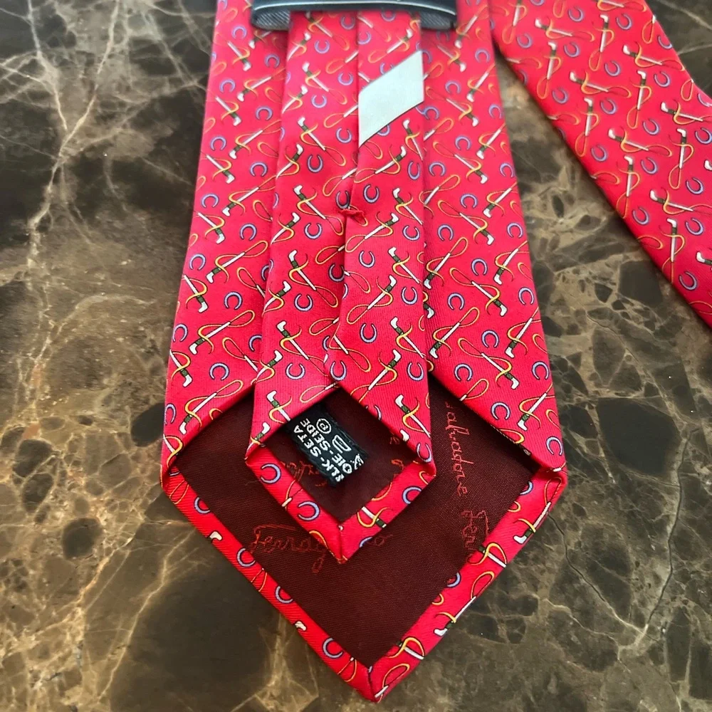 Salvatore Ferragamo Silk Tie Horseshoe Riding Crop Equestrian Novelty Red - Picture 3 of 10